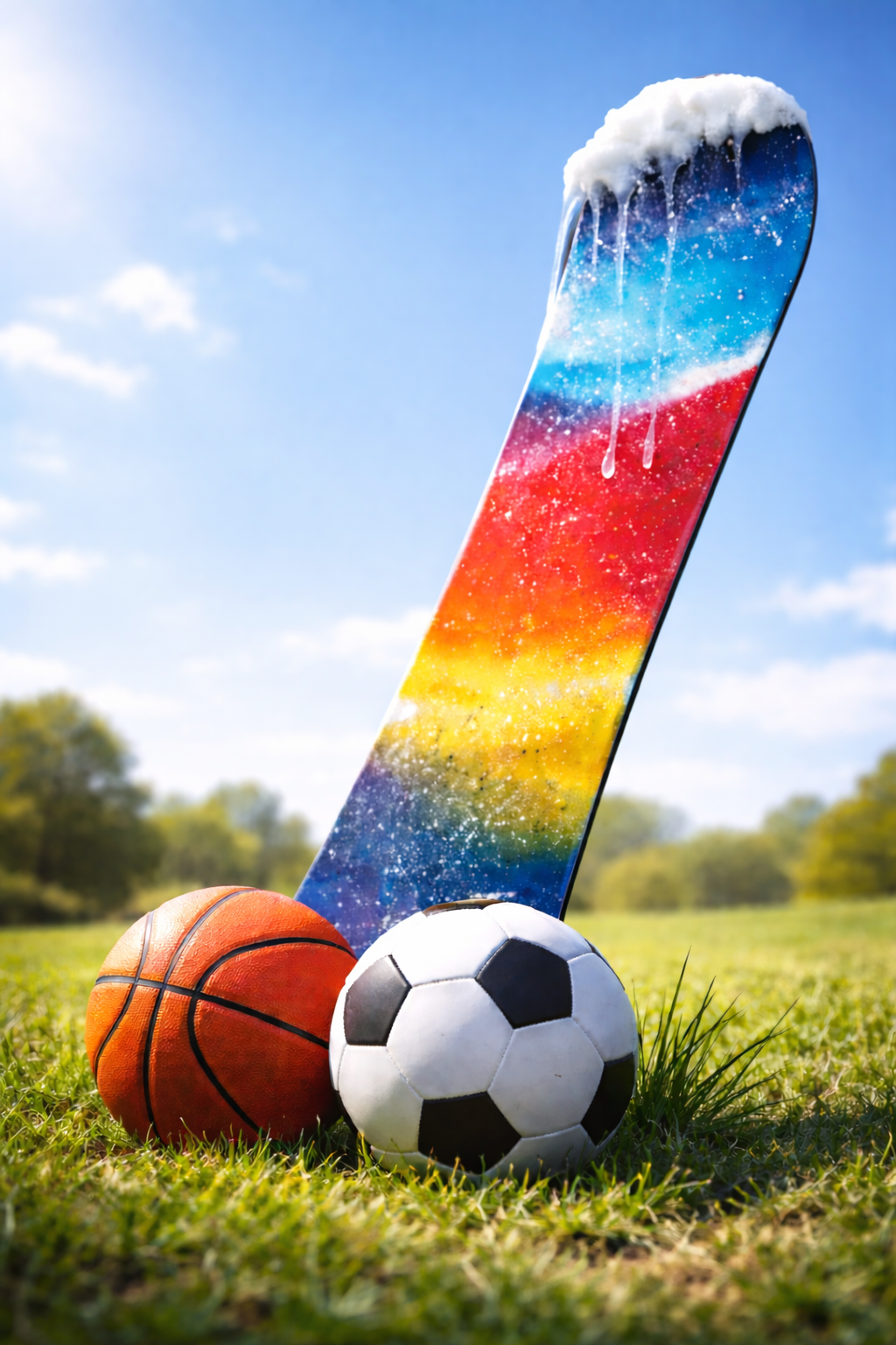 Snowboard with basketball and soccer ball